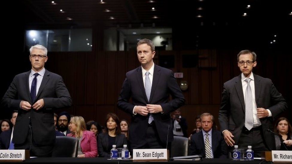 Colin Stretch, general counsel for Facebook (L), Sean Edgett, acting general counsel for Twitter (C) and Richard Salgado (R), director of law enforcement and information security at Google, testify before the Senate Judiciary committee.
