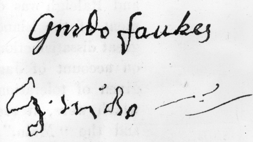 The autographs of gunpowder plot bad guy Guido Fawkes before and after torture
