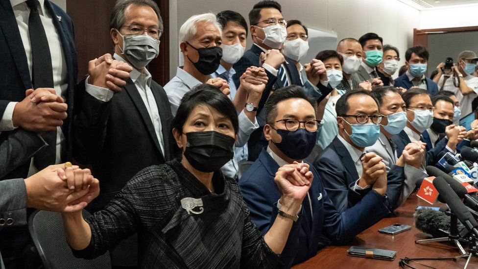Pro-democracy lawmakers hold press conference in Hong Kong