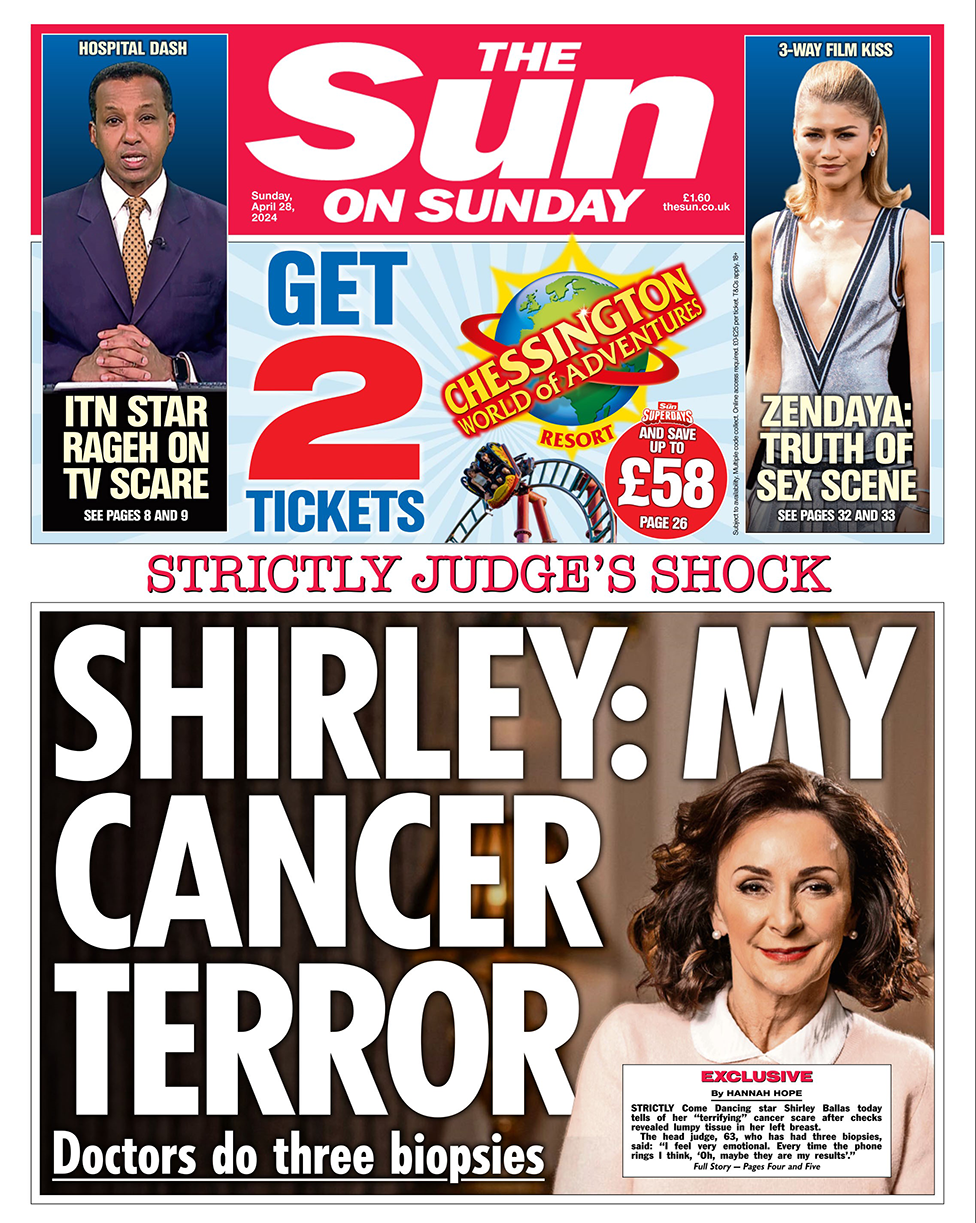 The headline in the Sun reads: "Shirley: My cancer terror".