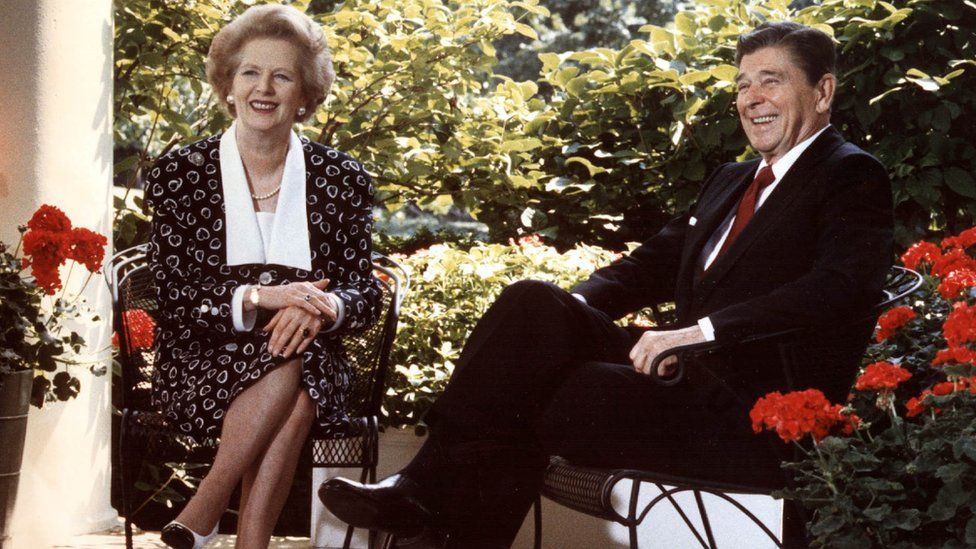 Margaret Thatcher and former US President Ronald Reagan on the patio outside the Oval office
