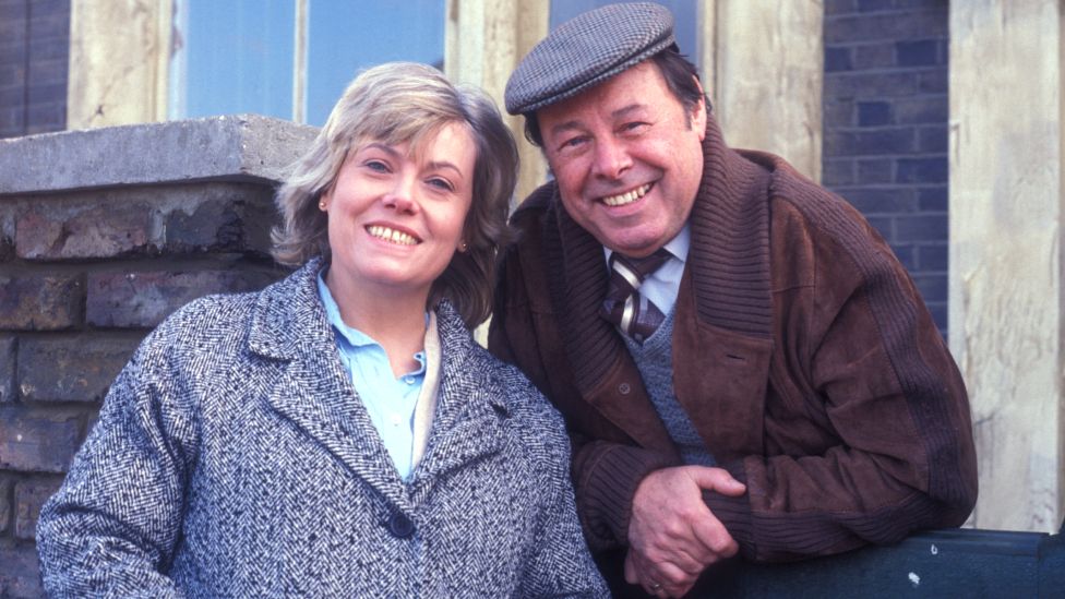 Wendy Richard as Pauline Fowler and Bill Treacher as Arthur Fowler in 'Eastenders', 1985