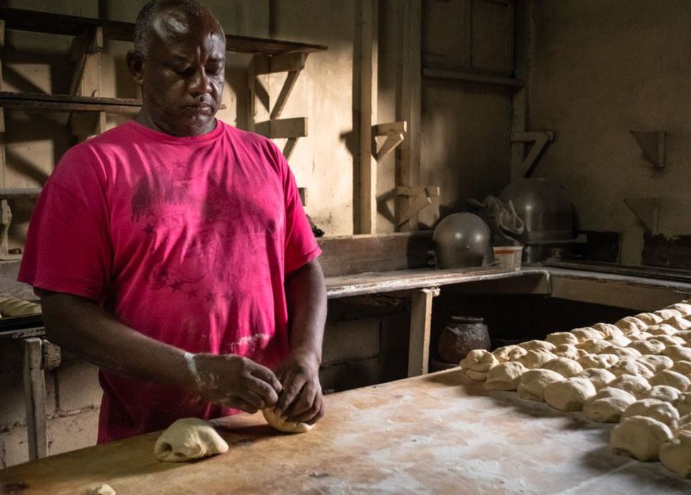 Rudolph Orr at his bakery in Gray's Farm, Antigua