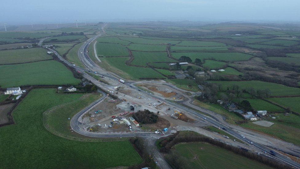 Aerial of A30 roadworks