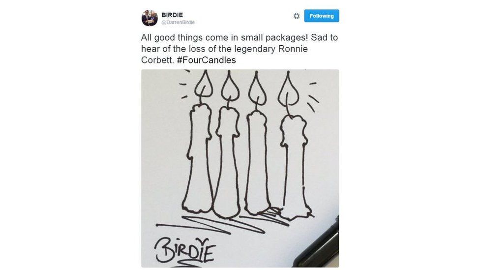 @DarrenBirdie: All good things come in small packages! Sad to hear of the loss of the legendary Ronnie Corbett. #FourCandles