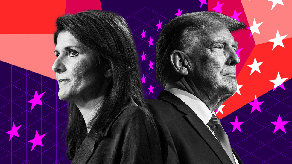 Cut outs of Nikki Haley and Donald Trump against an abstract background featuring stars.