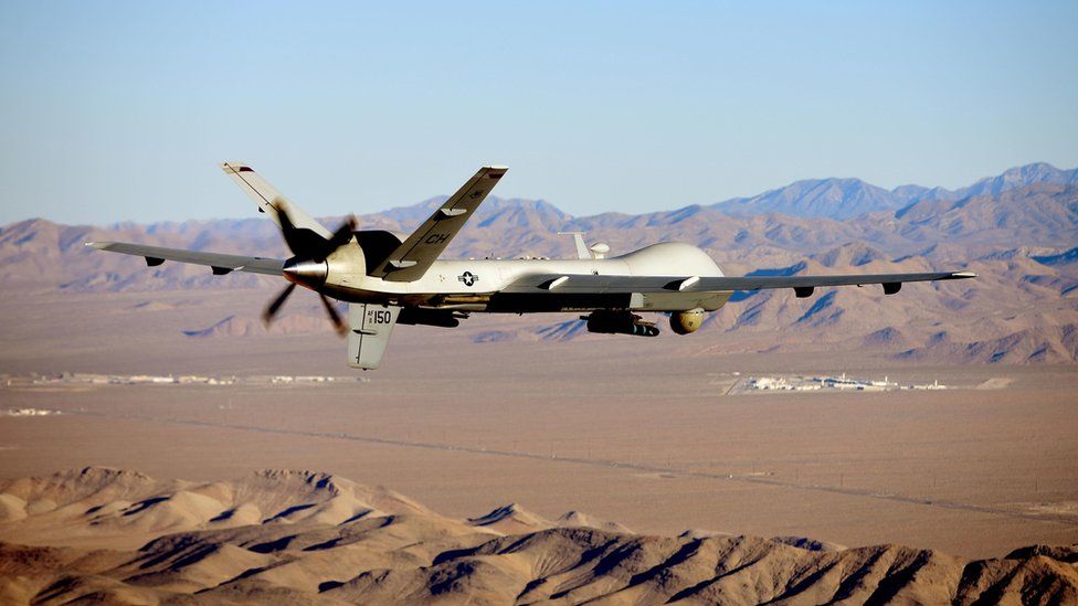 A handout photo made available by the U.S. Air Force of an MQ-9 Reaper flying a training mission over Nevada