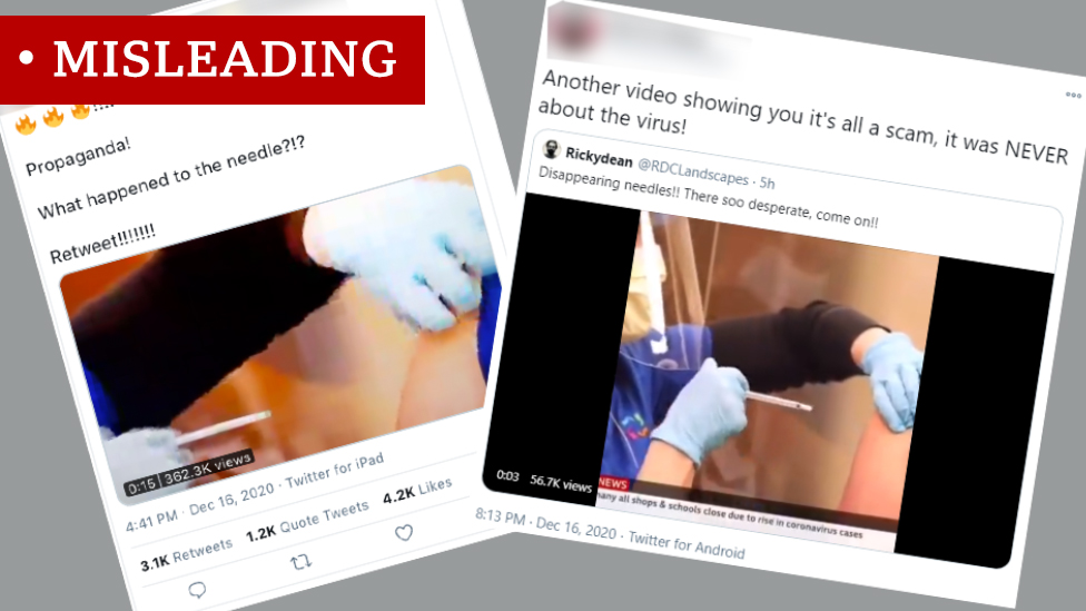 Two screenshots labeled "Misleading". Both show a photo of a syringe without a needle being removed from someone's arm. The posts say "Propaganda! What happened to the needle?!?" and "Another video showing you it's all a scam, it was NEVER about the virus"