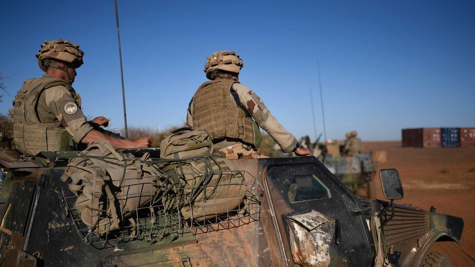 French soldiers of the anti-insurgent Operation Barkhane sit on a vehicle in Gao, Mali