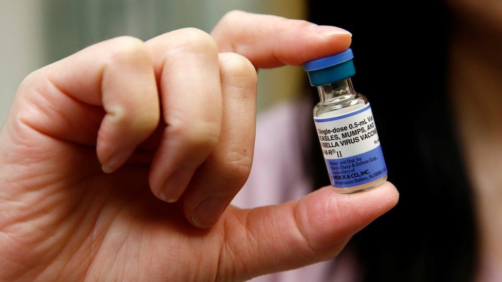 A vial of the measles, mumps, and rubella virus (MMR) vaccine
