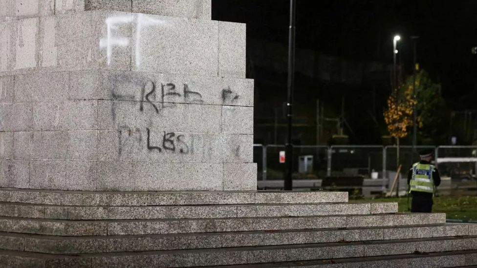 The war memorial was vandalised with 'Free Palestine' graffiti on Tuesday afternoon