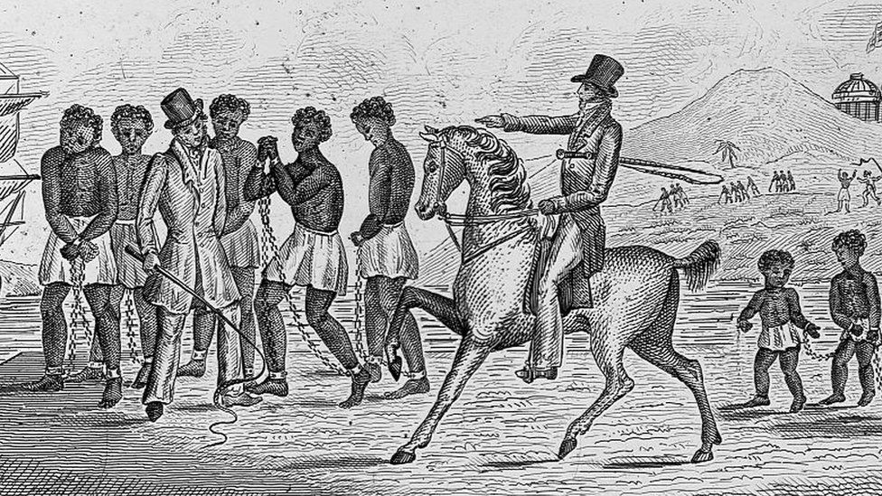An engraving from 1830 depicts the US slave trade with a man on a horse with a whip