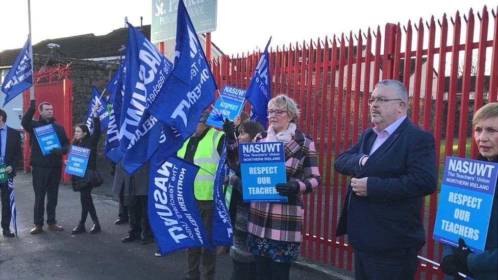 Teachers on strike outside St Patrick's Primary School in north Belfast