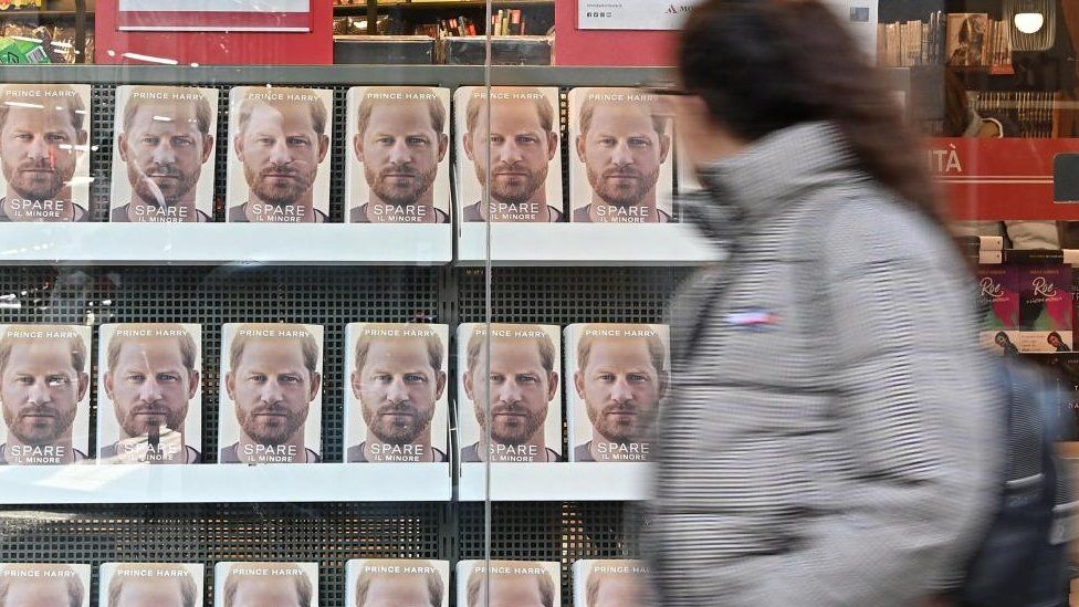 Copies of Prince Harry's memoir 'Spare' displayed at a bookstore in Italy