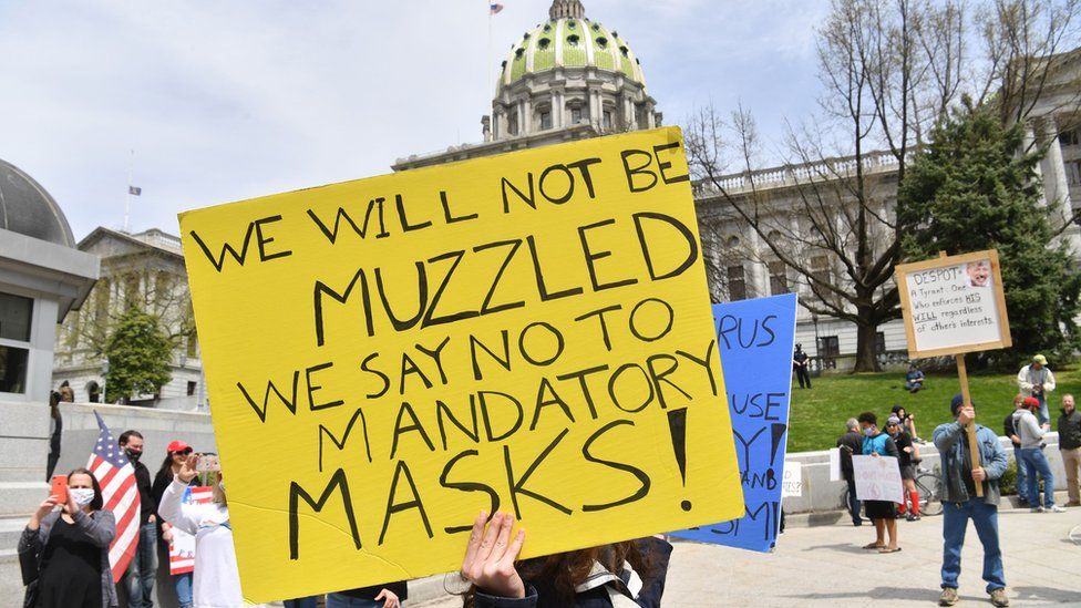 Anti-maskers, shown in April at a rally to reopen Pennsylvania, have been fighting against requirements to wear facial coverings