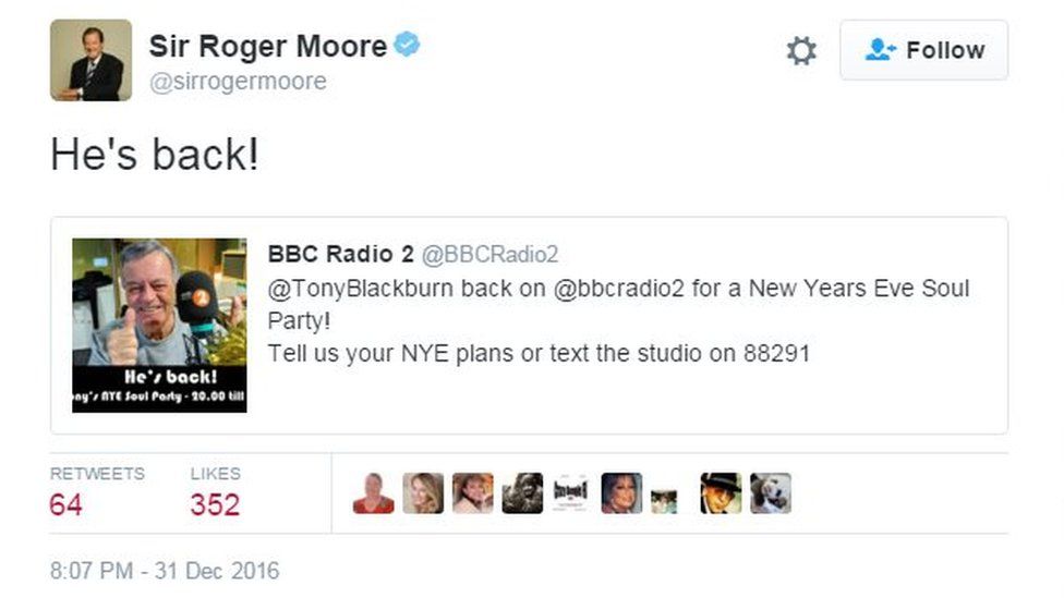 Tweet from Sir Roger Moore, saying: "He's back!" With a link to a Radio 2 tweet about Blackburn's new show.
