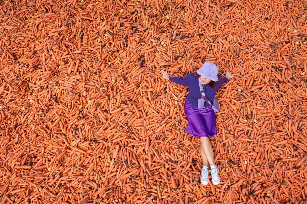 A student poses on 29 tonnes of carrots