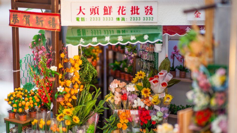 A corner of the Flower Market depicted in the miniature artpiece