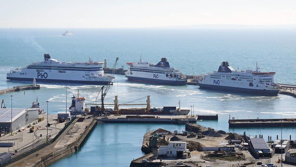 Three P&O ferries in the Port of Dover on a sunny day