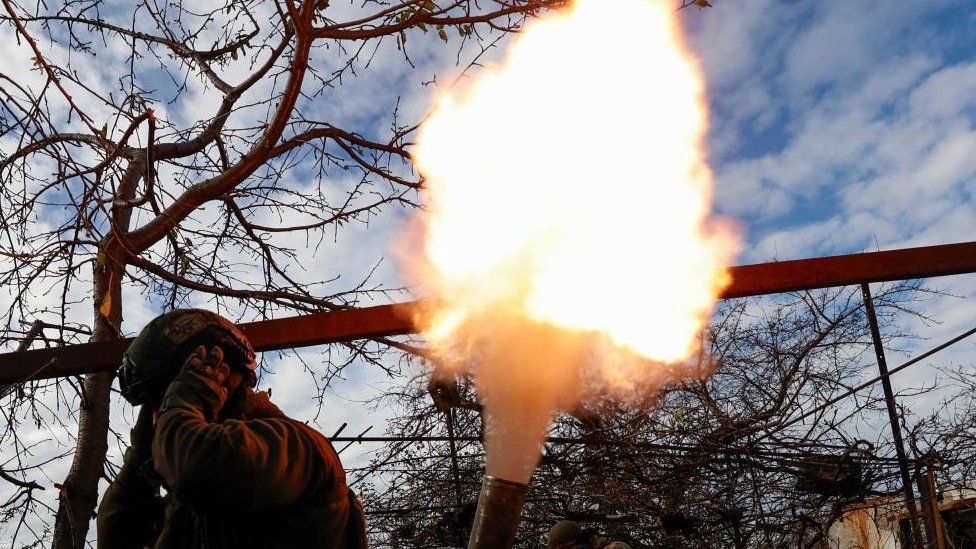 Members of Ukraine's National Guard Omega Special Purpose unit fire a mortar toward Russian troops in the front line town of Avdiivka, amid Russia's attack on Ukraine, in Donetsk region, Ukraine November 8, 2023