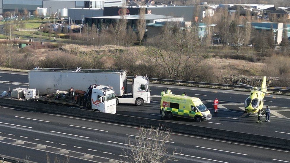 M1 in West Yorkshire was closed southbound after three lorry crash