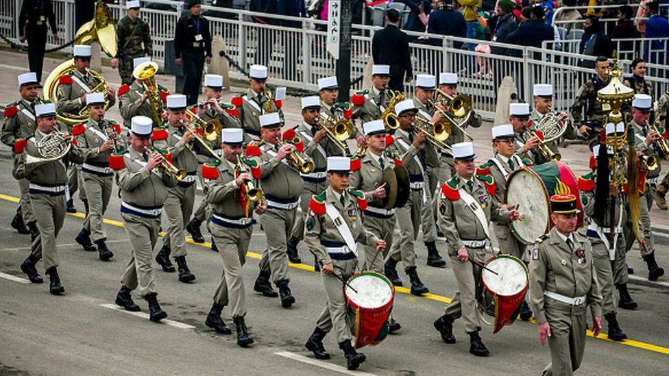 A Contingent of French Foreign Legion Band takes part in the full Dress rehearsal for the Republic Day Parade 2024, at Kartavya Path on January 23, 2024 in New Delhi, India.