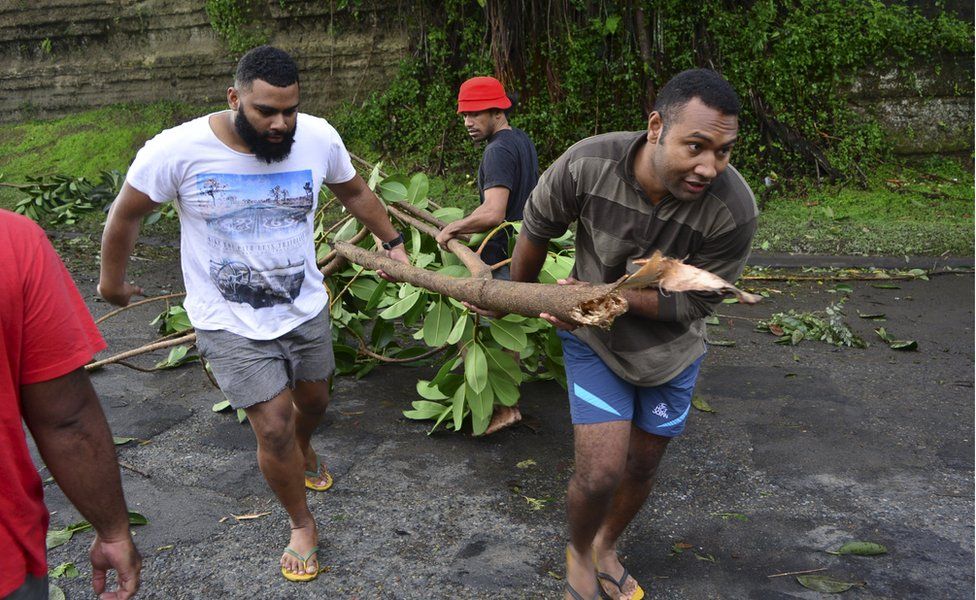 Men clear a fallen tree
