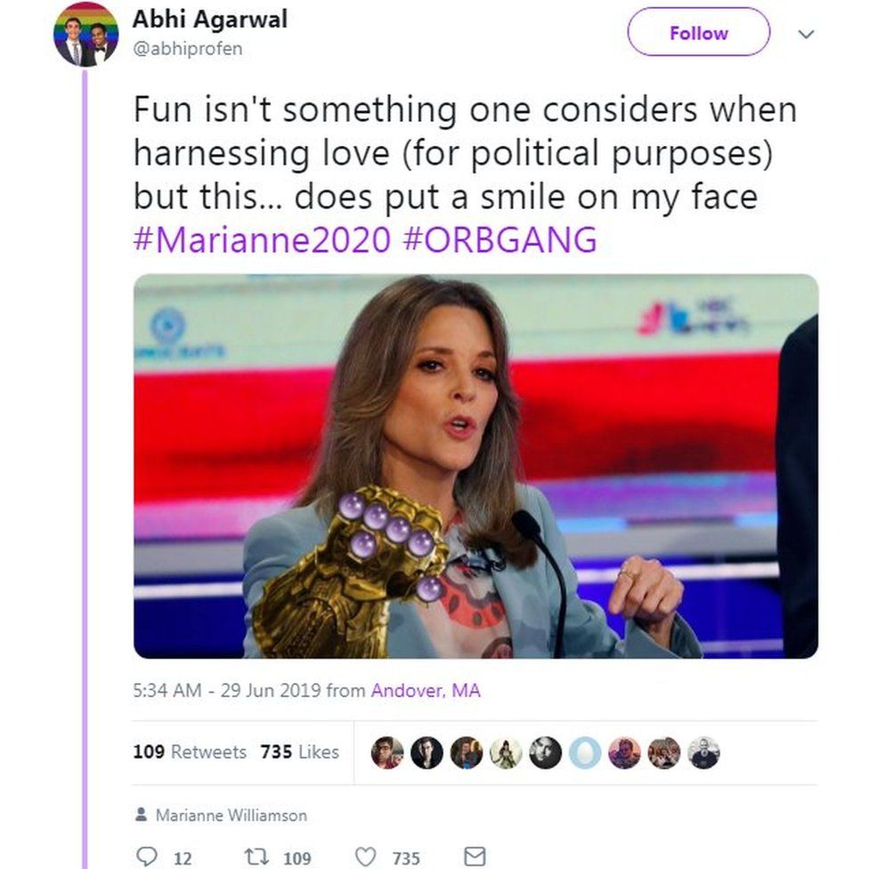 A Twitter screenshot which shows Marianne Williamson wearing Thanos' Infinity Gauntlet from Avengers: Endgame