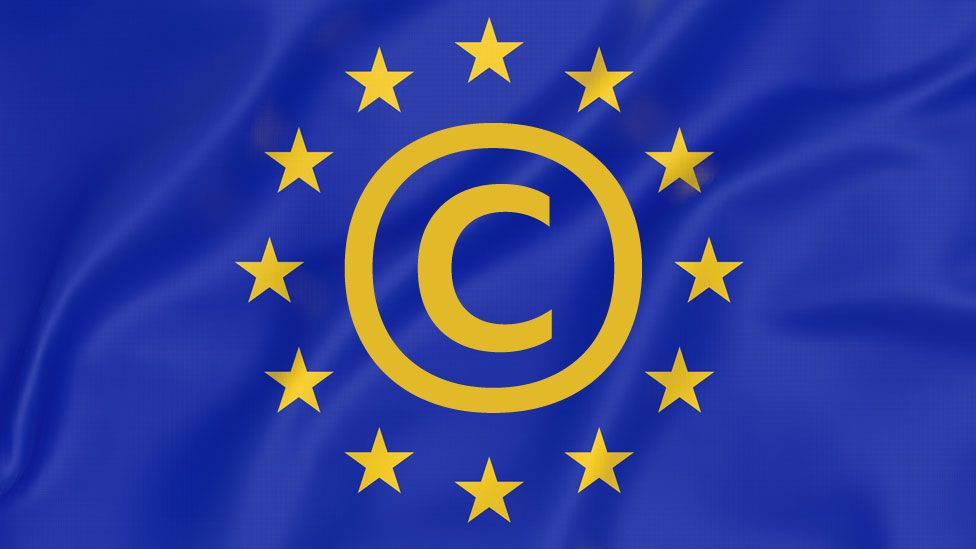 A composite image shows the EU flag, with a copyright symbol embedded in the centre of its iconic ring of yellow stars