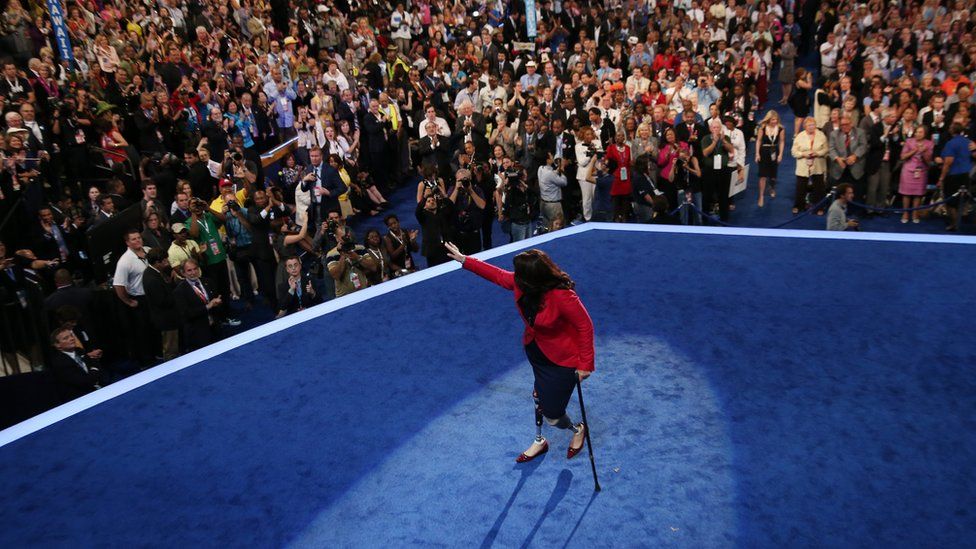 Illinois nominee for Congress Tammy Duckworth leaves the stage