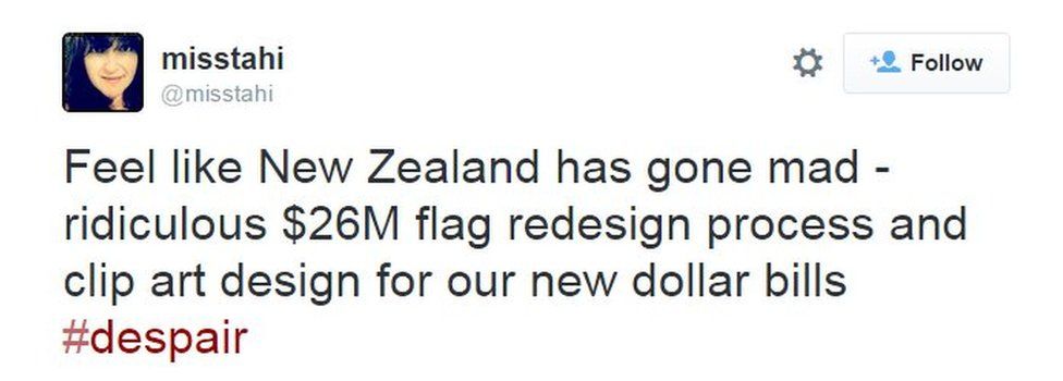 Tweet text: "Feel like New Zealand has gone mad - ridiculous $26M flag redesign process and clip art design for our new dollar bills #despair
