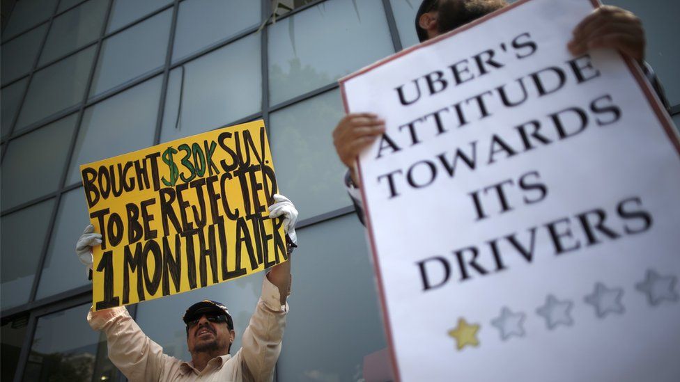Commercial drivers with Uber protest against working conditions in Santa Monica