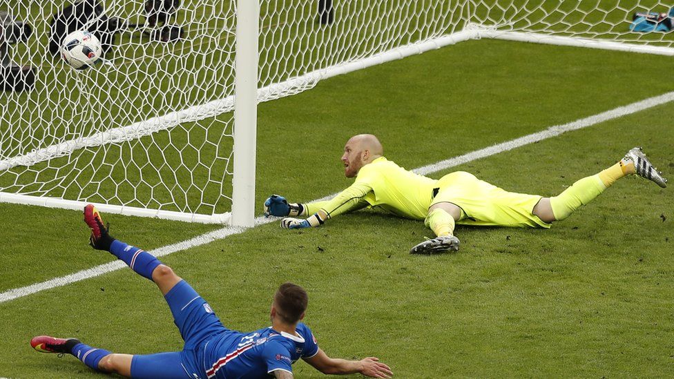 Arnor Ingvi Traustason scores Iceland's winner against Austria (22 June)