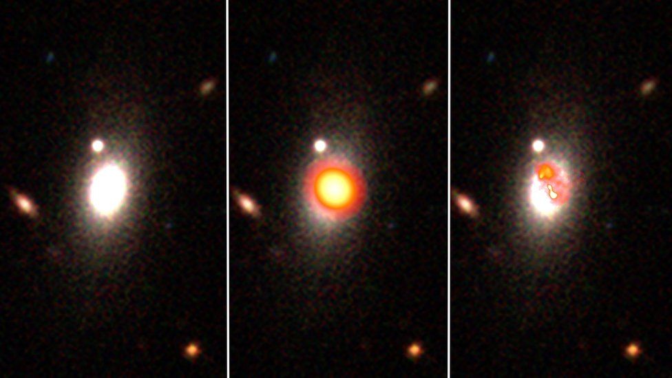 The picture on the left is of a galaxy observed in visible light. In the middle, its the same galaxy but seen in its radio frequencies and on the right is the high-definition image.