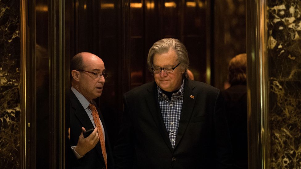 Trump campaign CEO Steve Bannon exits an elevator in the lobby of Trump Tower, November 11, 2016 in New York City