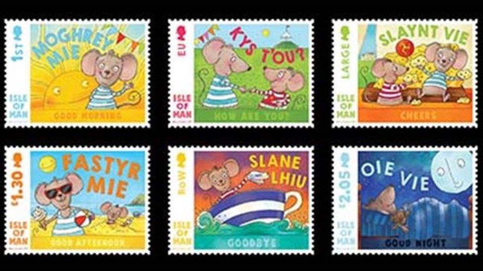 Six Manx language stamps featuring cartoon mice