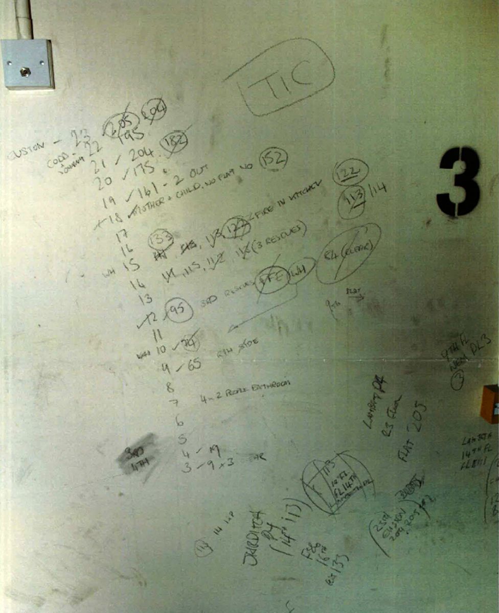 Notes made by firefighters on a wall show three rescues from flat 113