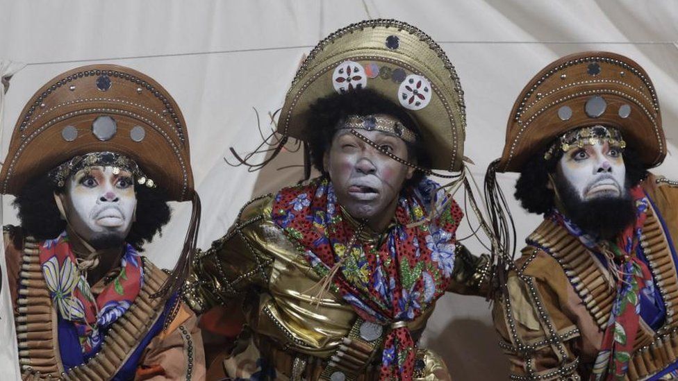 Members of the Imperatriz Leopoldinense samba school perform during a parade at Avenida Marques de Sapucai in the Sambadrome, during the Rio de Janeiro Carnival, in Rio de Janeiro, Brazil, 20 February 2023.