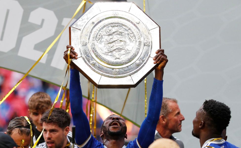 Nigerian striker Kelechi Iheanacho holding the Community Shield at Wembly, the UK - Saturday 7 August 2021