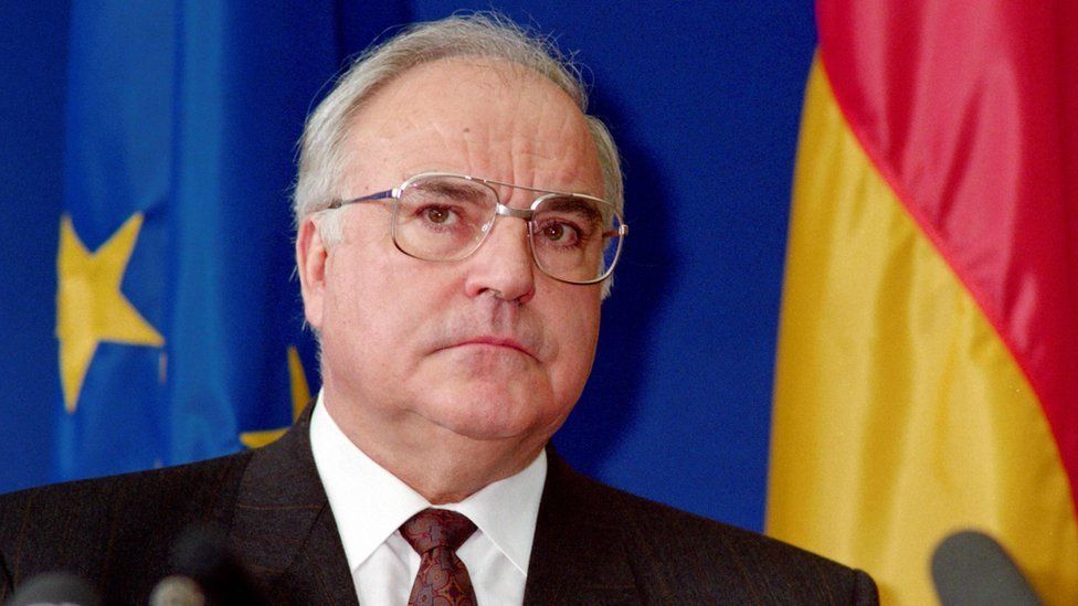 Then West German Chancellor Helmut Kohl giving a press conference at the end of the two-day EEC Summit held in Strasbourg in 1989