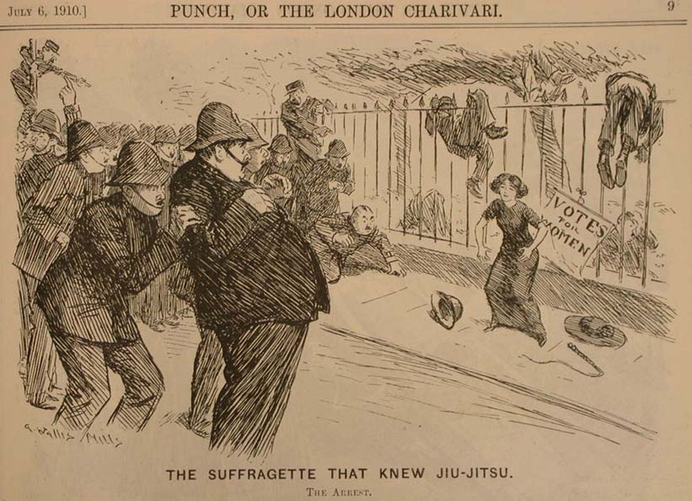 Punch cartoon: "The suffragette that knew Jiu-Jitsu" - policemen cower in front of suffragette
