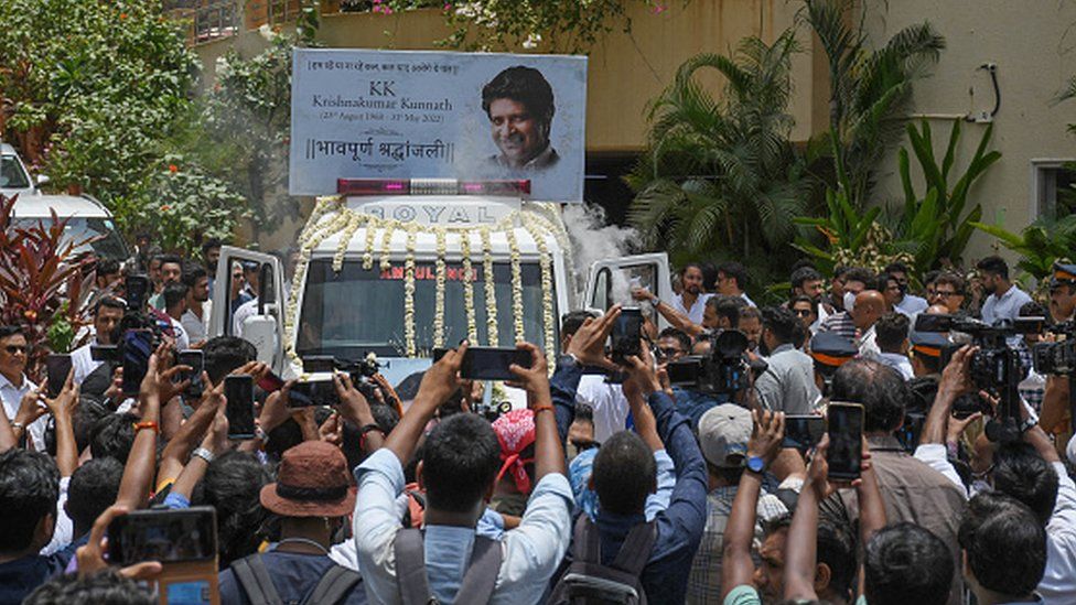 MUMBAI, MAHARASHTRA, INDIA - 2022/06/02: Ambulance carrying the body of Bollywood playback singer Krishnakumar Kunnath, popularly known as KK, leaves his residence for the funeral in Mumbai.