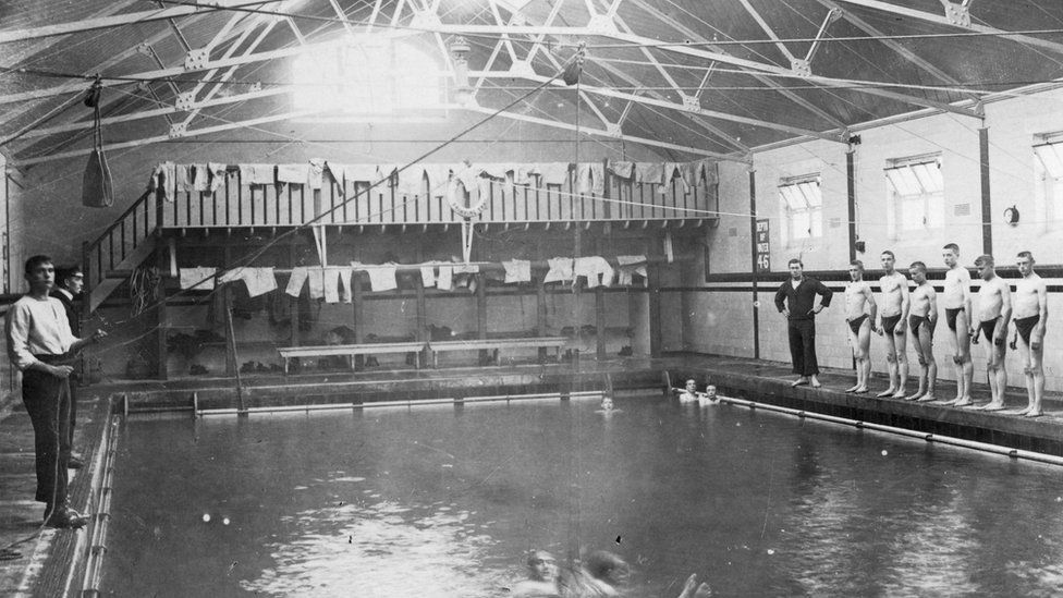 The swimming bath, Royal Navy training establishment, Shotley, Suffolk, 1936.