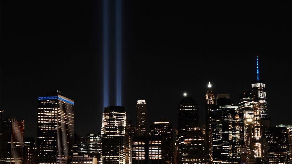 Two beams of light over lower Manhattan