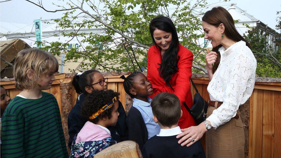The Duchess of Cambridge shows schoolchildren around her garden