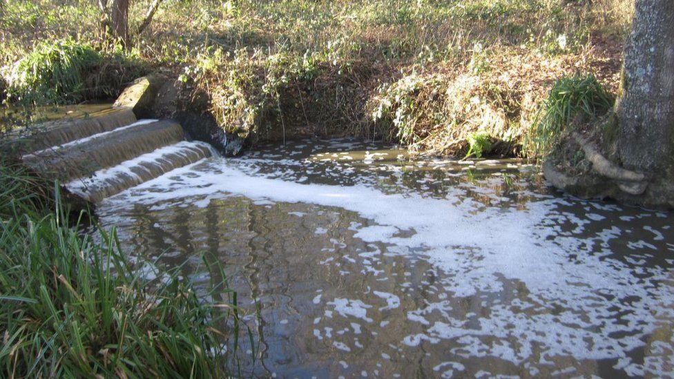 Ручей Пламптон-Милл с вспенивающейся поверхностной водой, указывающей на загрязнение