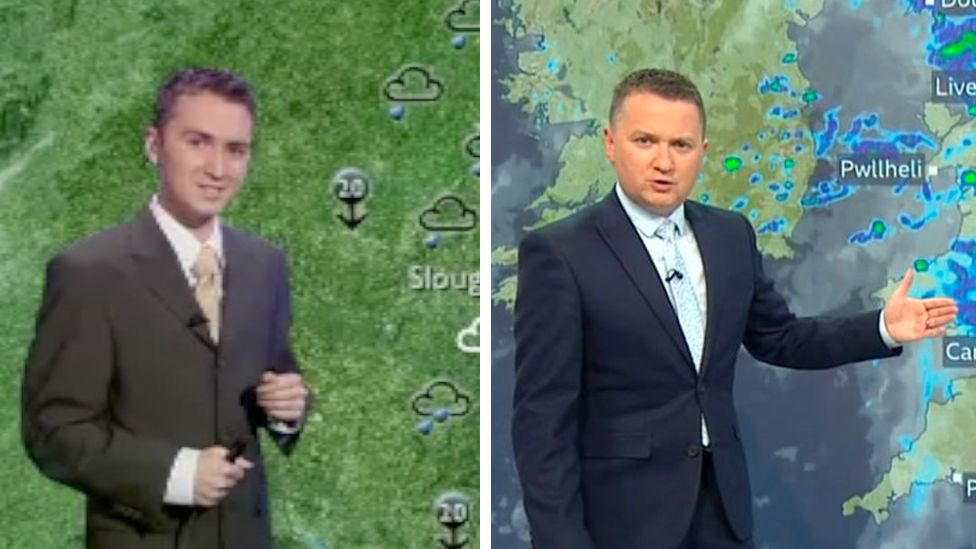 Two images of Matt Taylor standing in front of weather maps. The first in 2004 and the second from more recent times