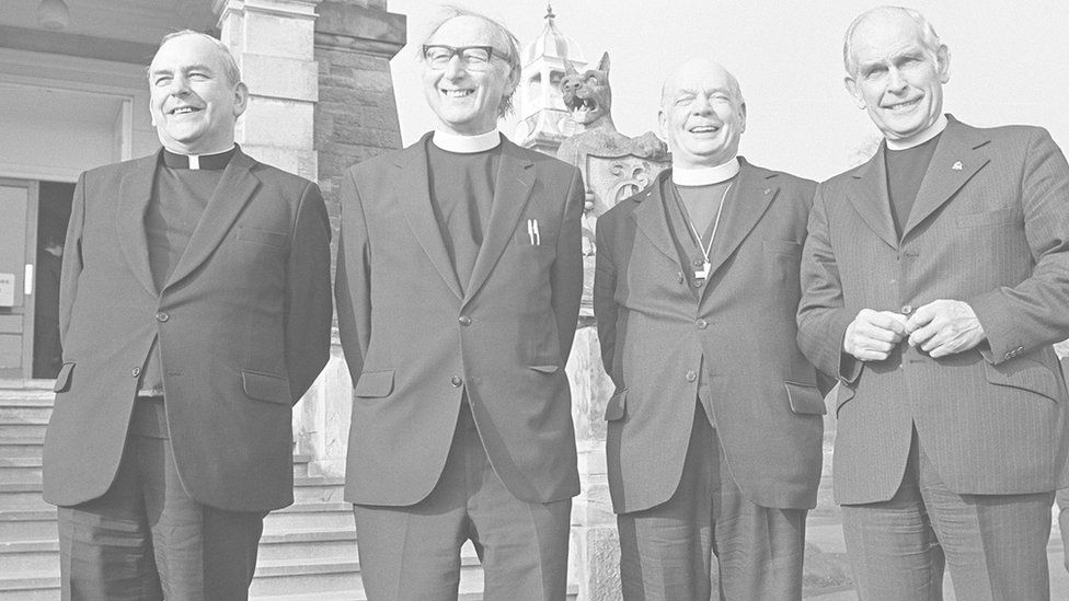 Cardinal Tomás Ó Fiaich at Stormont with the leaders of the main Protestant churches in 1982