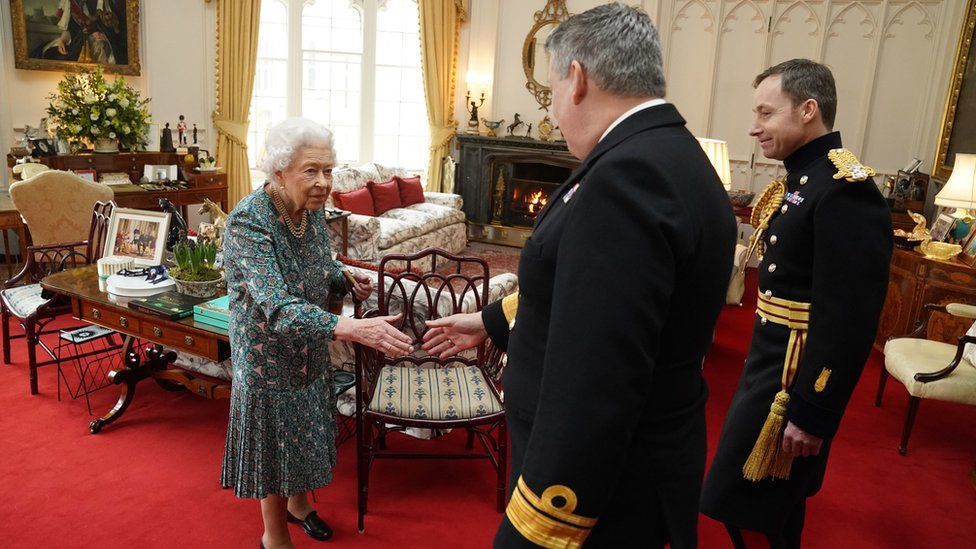 Audience at Windsor Castle: Queen Elizabeth II with Rear Admiral James Macleod and Major General Eldon Millar (right) as she meets the incoming and outgoing Defence Service Secretaries during an in-person audience at Windsor Castle. Rear Admiral Macleod relinquished his appointment as Defence Services Secretary as Major General Millar assumed the role.