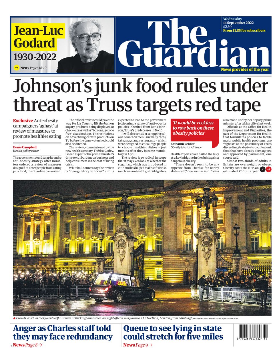 The Guardian jornais britânicos morte rainha Elizabeth cortejo Londres Reino Unido 